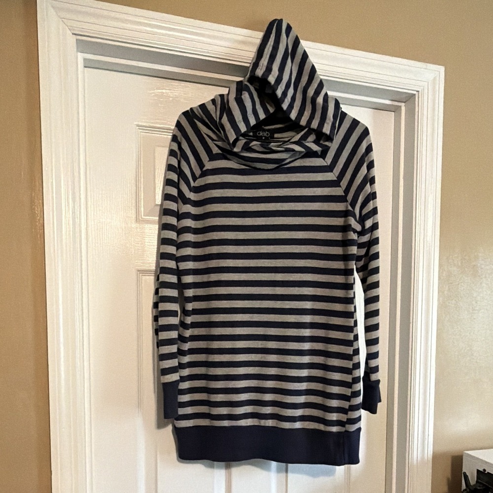 deb Women's Plus 1X Hooded Pullover Hoodie Navy Gray Striped Long Sleeve - Picture 8 of 9